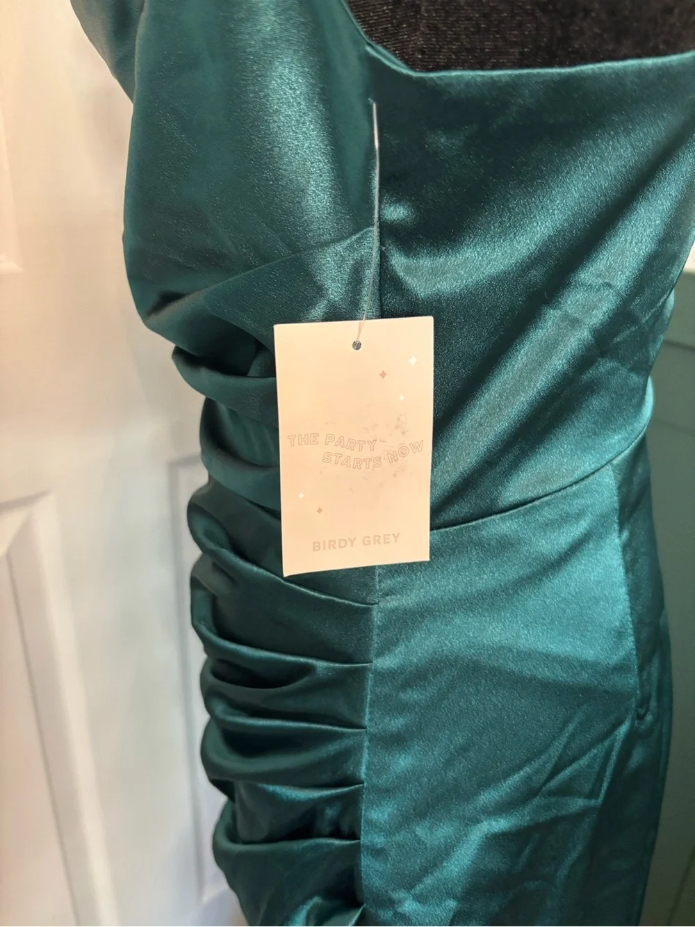 Birdy Grey Lydia Shiny Emerald Satin Bridesmaid Dress Slit NWT Medium - Picture 6 of 13